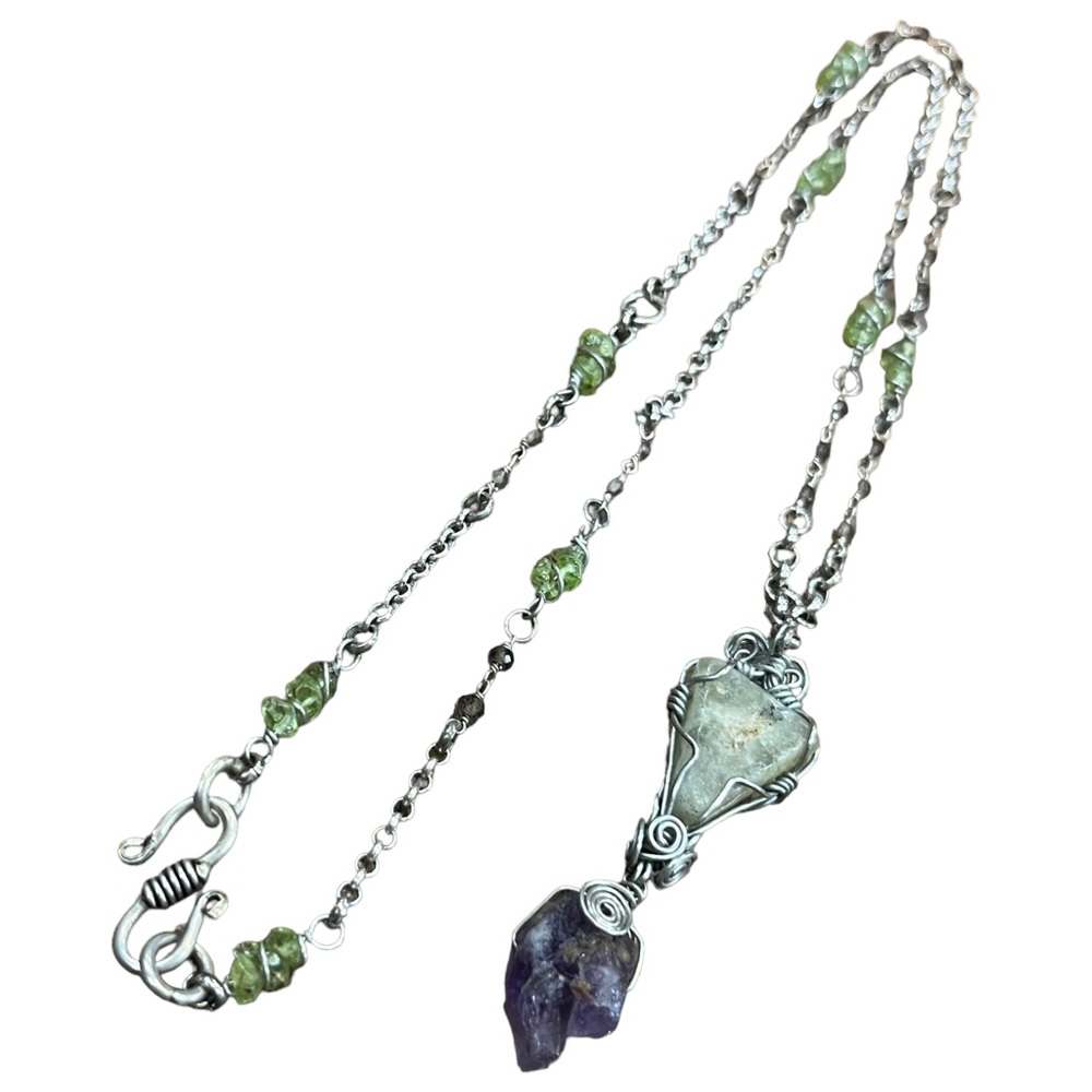 Peridot and Amethyst Wire-wrapped Pendant Necklace